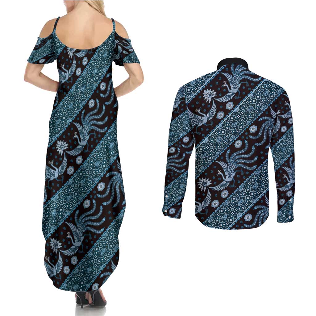 Indonesia Batik Pattern Couples Matching Summer Maxi Dress and Long Sleeve Button Shirt Blue Version
