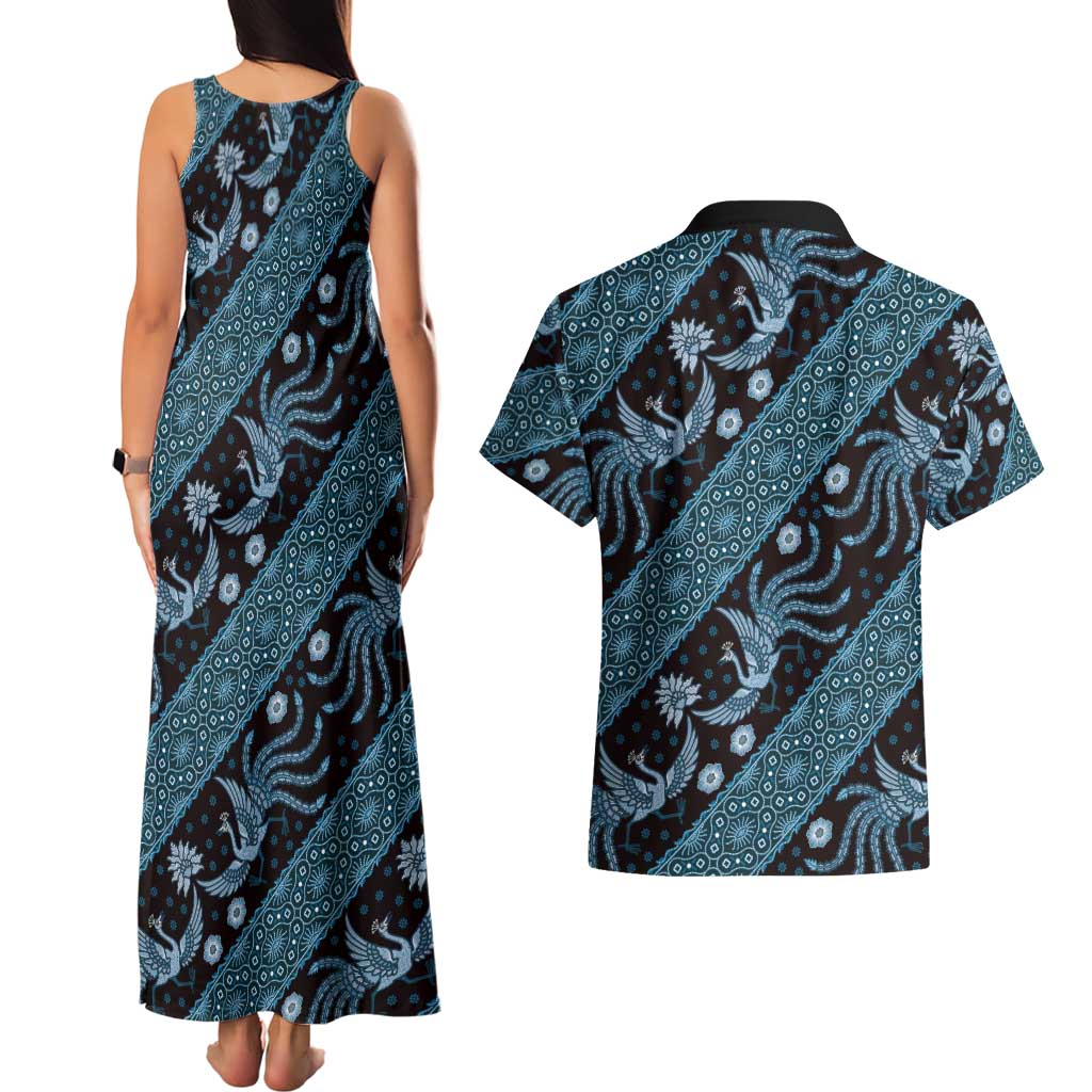 Indonesia Batik Pattern Couples Matching Tank Maxi Dress and Hawaiian Shirt Blue Version