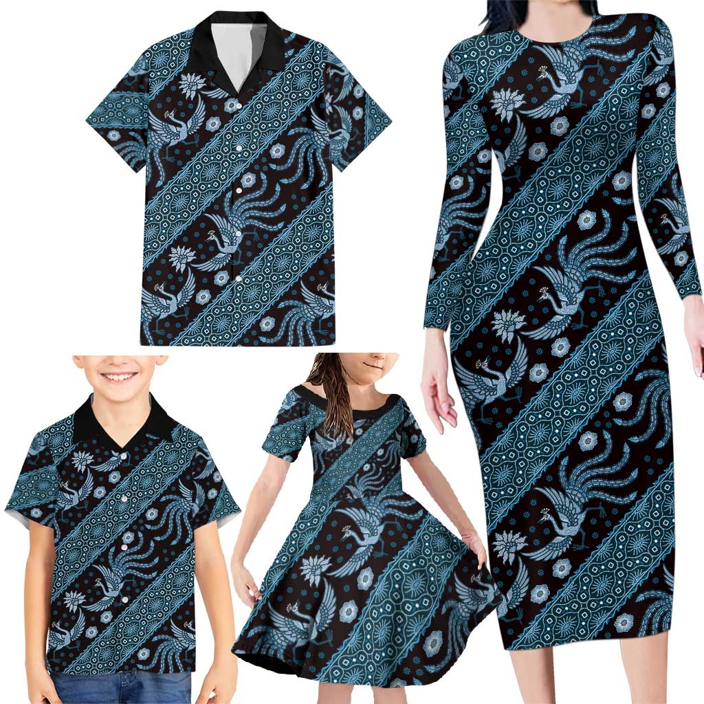 Indonesia Batik Pattern Family Matching Long Sleeve Bodycon Dress and Hawaiian Shirt Blue Version