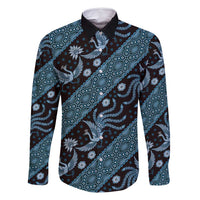 Indonesia Batik Pattern Family Matching Long Sleeve Bodycon Dress and Hawaiian Shirt Blue Version