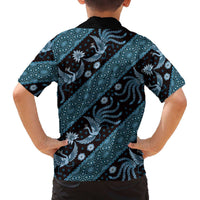Indonesia Batik Pattern Family Matching Off The Shoulder Long Sleeve Dress and Hawaiian Shirt Blue Version LT01 - Polynesian Pride