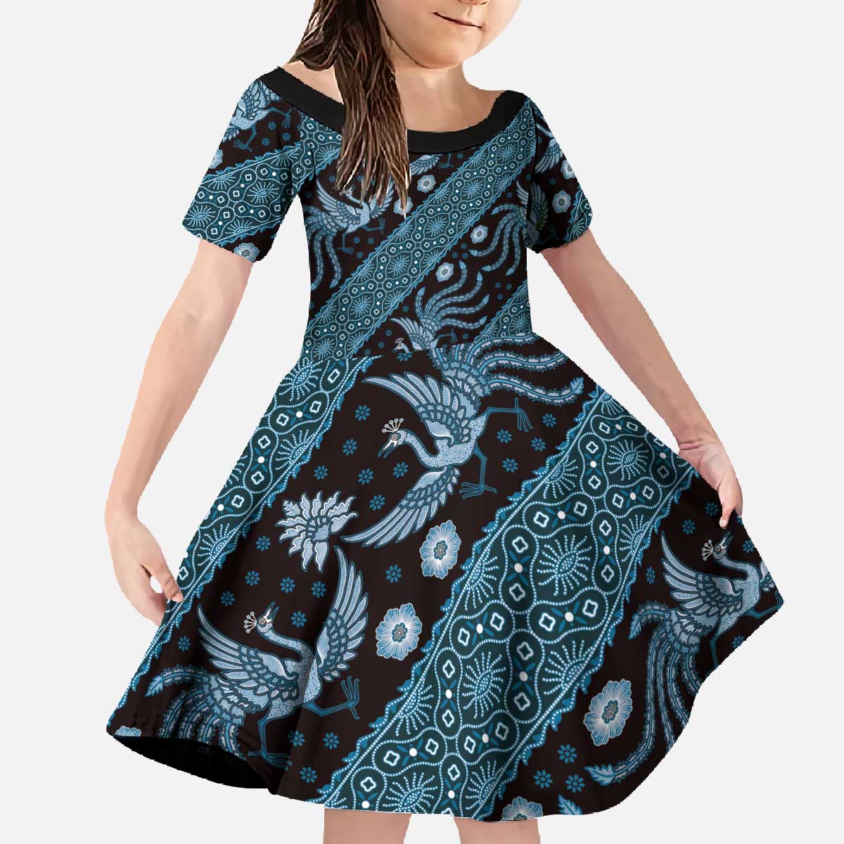 Indonesia Batik Pattern Family Matching Off The Shoulder Long Sleeve Dress and Hawaiian Shirt Blue Version LT01 Daughter's Dress Blue - Polynesian Pride