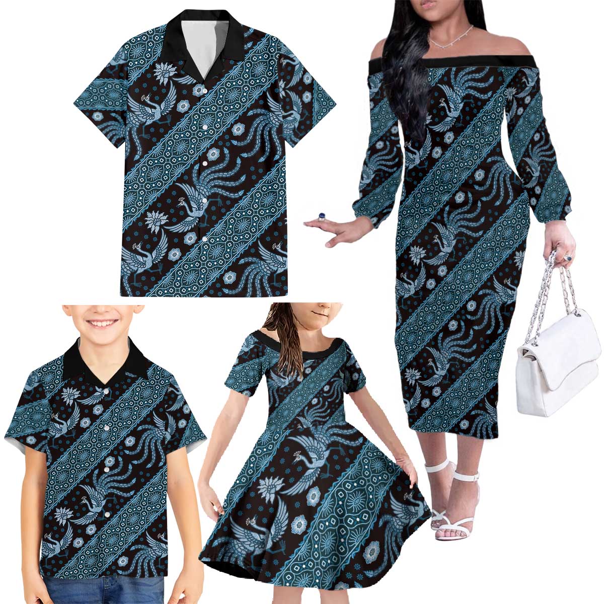Indonesia Batik Pattern Family Matching Off The Shoulder Long Sleeve Dress and Hawaiian Shirt Blue Version LT01 - Polynesian Pride