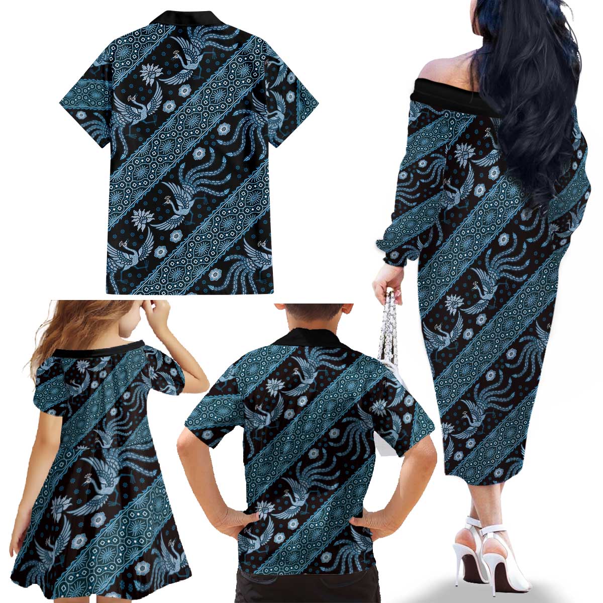 Indonesia Batik Pattern Family Matching Off The Shoulder Long Sleeve Dress and Hawaiian Shirt Blue Version LT01 - Polynesian Pride