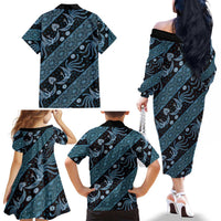 Indonesia Batik Pattern Family Matching Off The Shoulder Long Sleeve Dress and Hawaiian Shirt Blue Version LT01 - Polynesian Pride