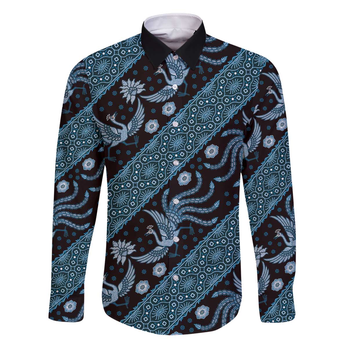 Indonesia Batik Pattern Family Matching Off The Shoulder Long Sleeve Dress and Hawaiian Shirt Blue Version LT01 Dad's Shirt - Long Sleeve Blue - Polynesian Pride