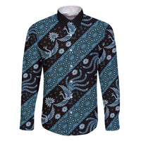 Indonesia Batik Pattern Family Matching Off The Shoulder Long Sleeve Dress and Hawaiian Shirt Blue Version LT01 Dad's Shirt - Long Sleeve Blue - Polynesian Pride