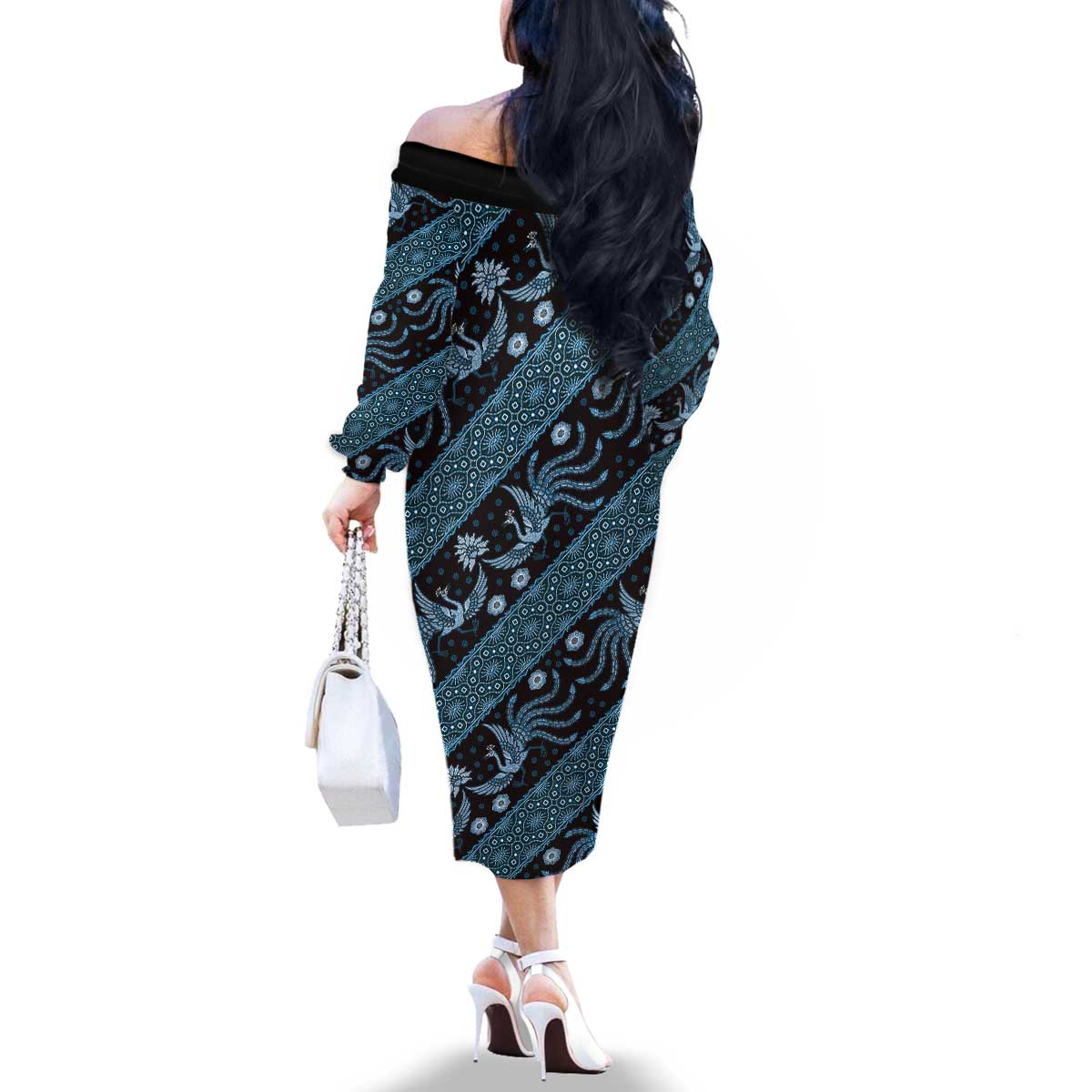 Indonesia Batik Pattern Family Matching Off The Shoulder Long Sleeve Dress and Hawaiian Shirt Blue Version LT01 - Polynesian Pride