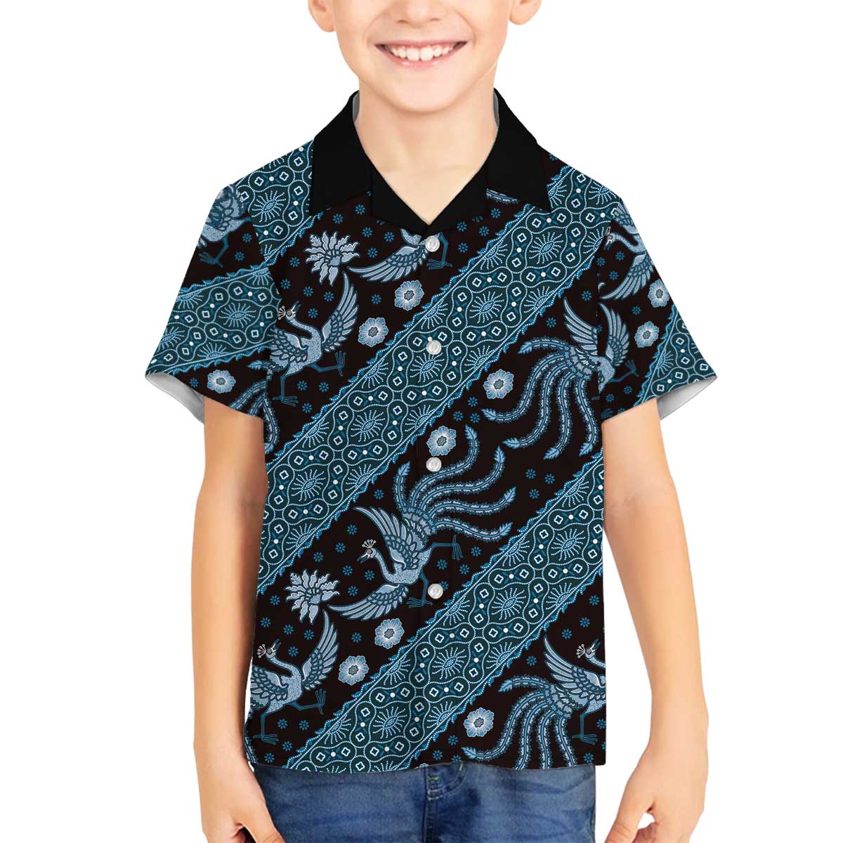 Indonesia Batik Pattern Family Matching Off The Shoulder Long Sleeve Dress and Hawaiian Shirt Blue Version LT01 Son's Shirt Blue - Polynesian Pride
