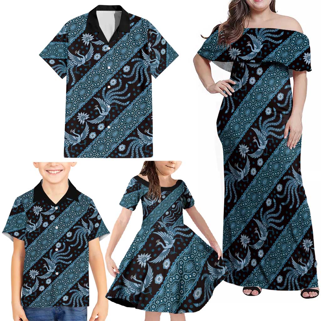 Indonesia Batik Pattern Family Matching Off Shoulder Maxi Dress and Hawaiian Shirt Blue Version