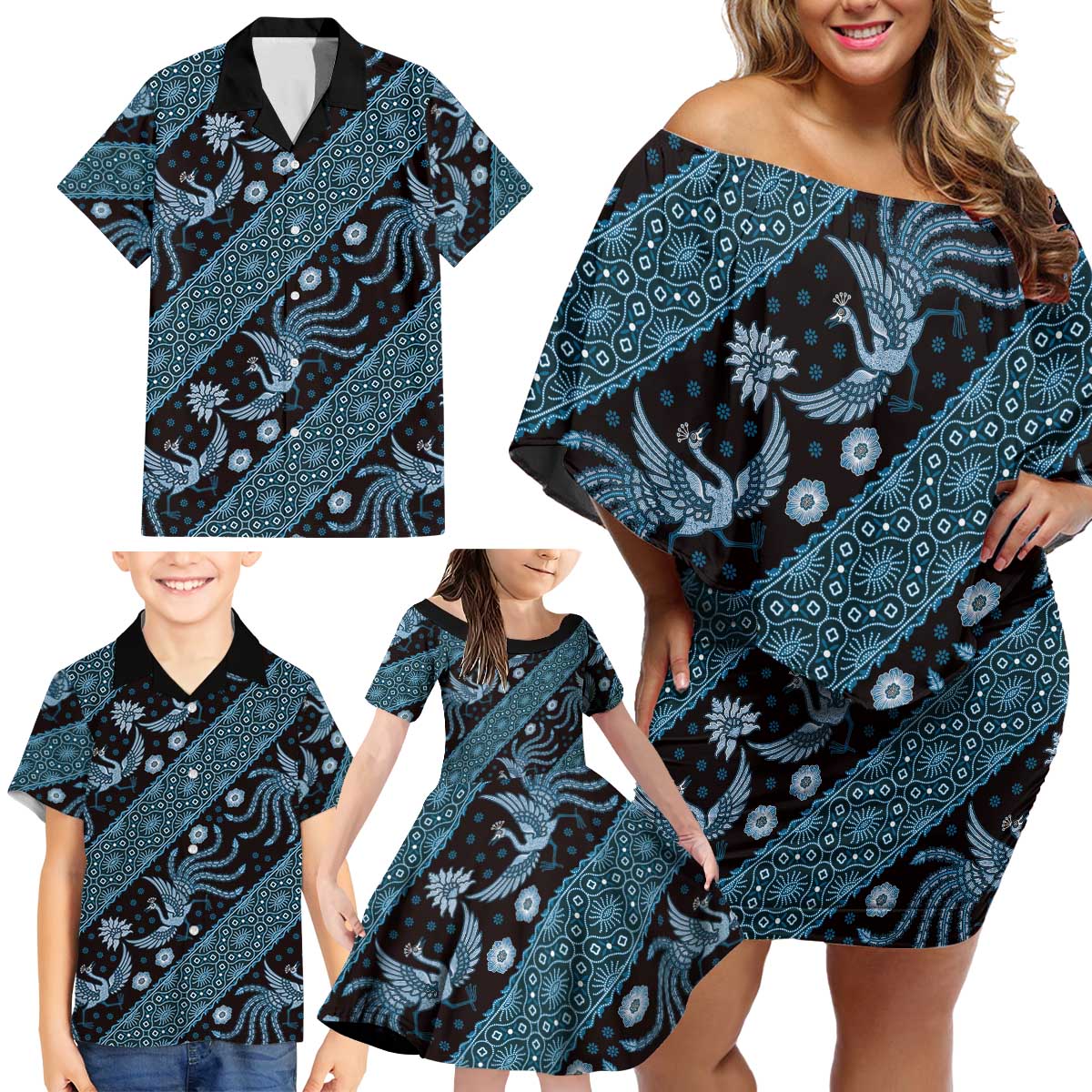 Indonesia Batik Pattern Family Matching Off Shoulder Short Dress and Hawaiian Shirt Blue Version