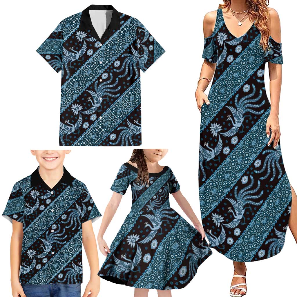 Indonesia Batik Pattern Family Matching Summer Maxi Dress and Hawaiian Shirt Blue Version