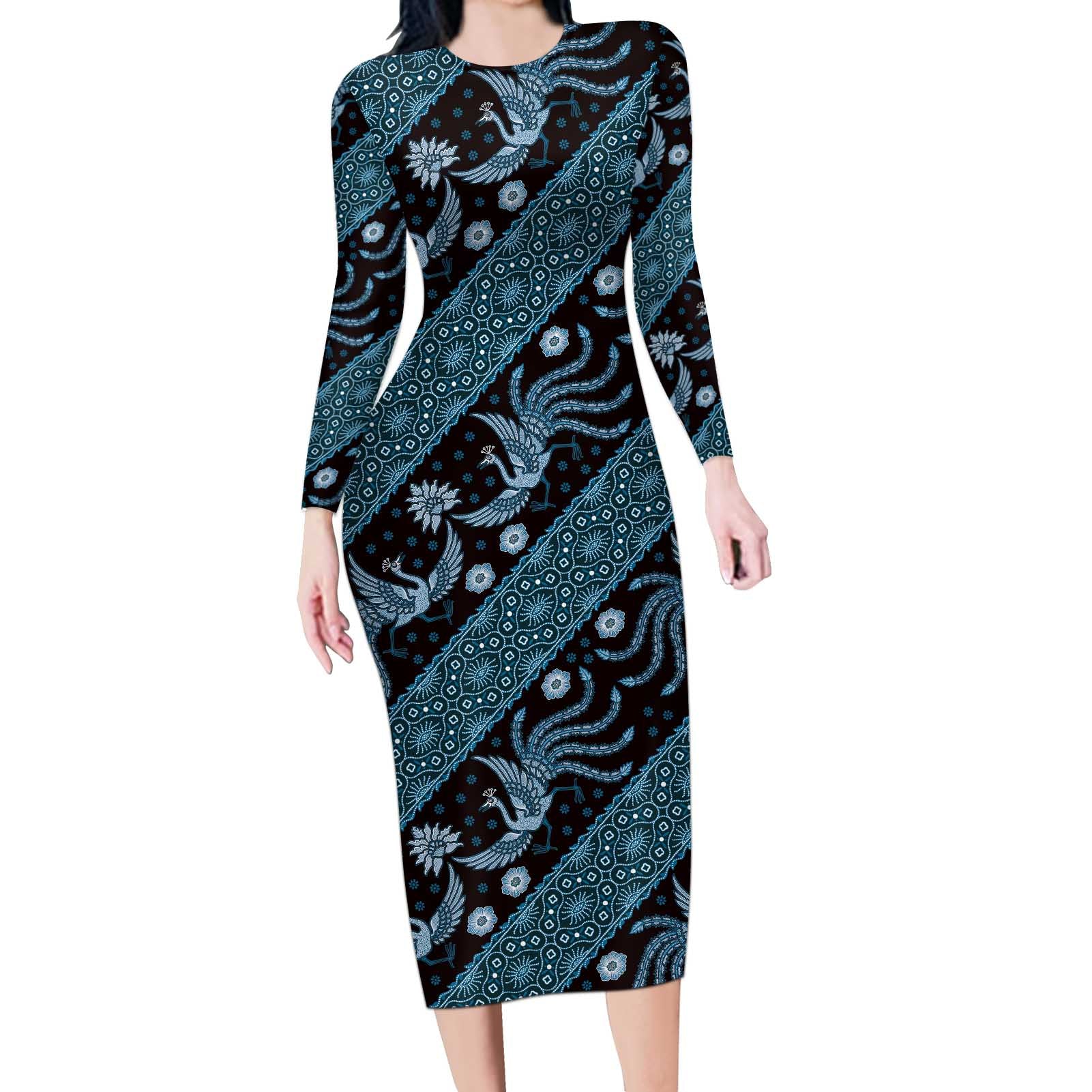 Indonesia Batik Pattern Long Sleeve Bodycon Dress Blue Version