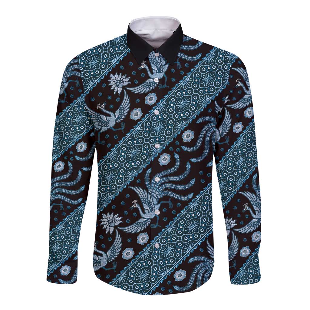 Indonesia Batik Pattern Long Sleeve Button Shirt Blue Version