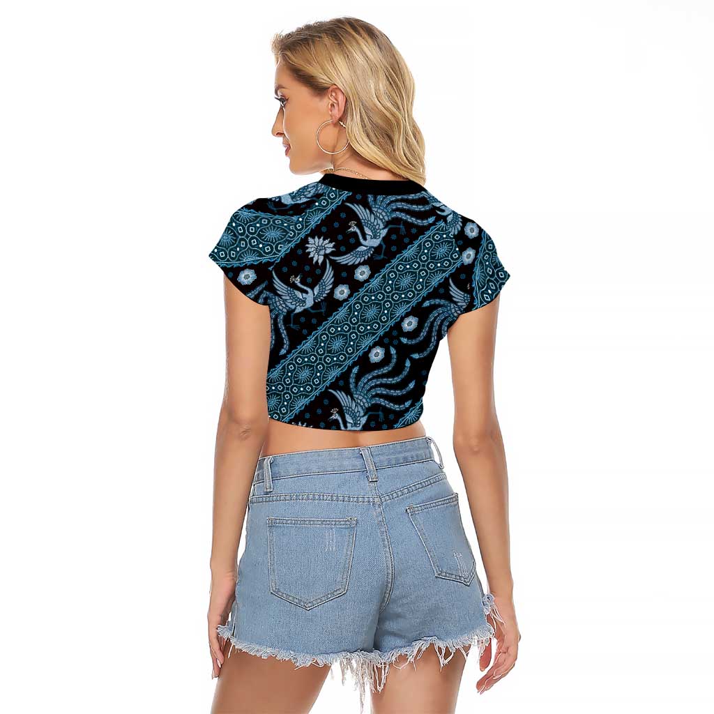 Indonesia Batik Pattern Raglan Cropped T Shirt Blue Version
