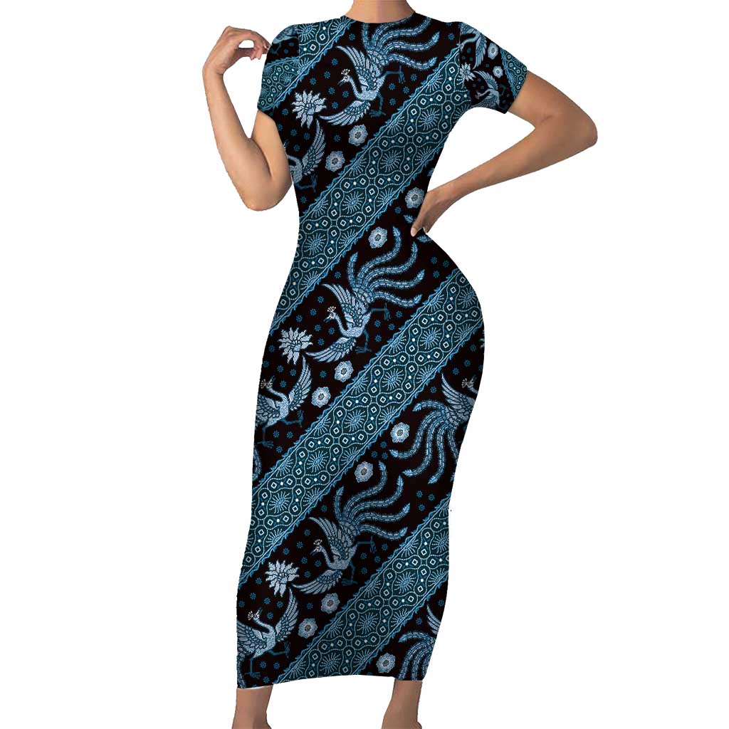 Indonesia Batik Pattern Short Sleeve Bodycon Dress Blue Version