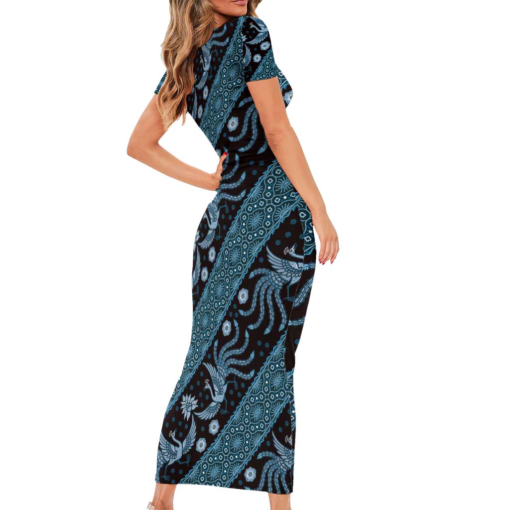 Indonesia Batik Pattern Short Sleeve Bodycon Dress Blue Version