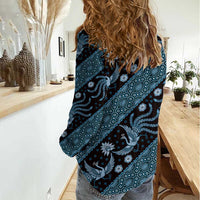 Indonesia Batik Pattern Women Casual Shirt Blue Version