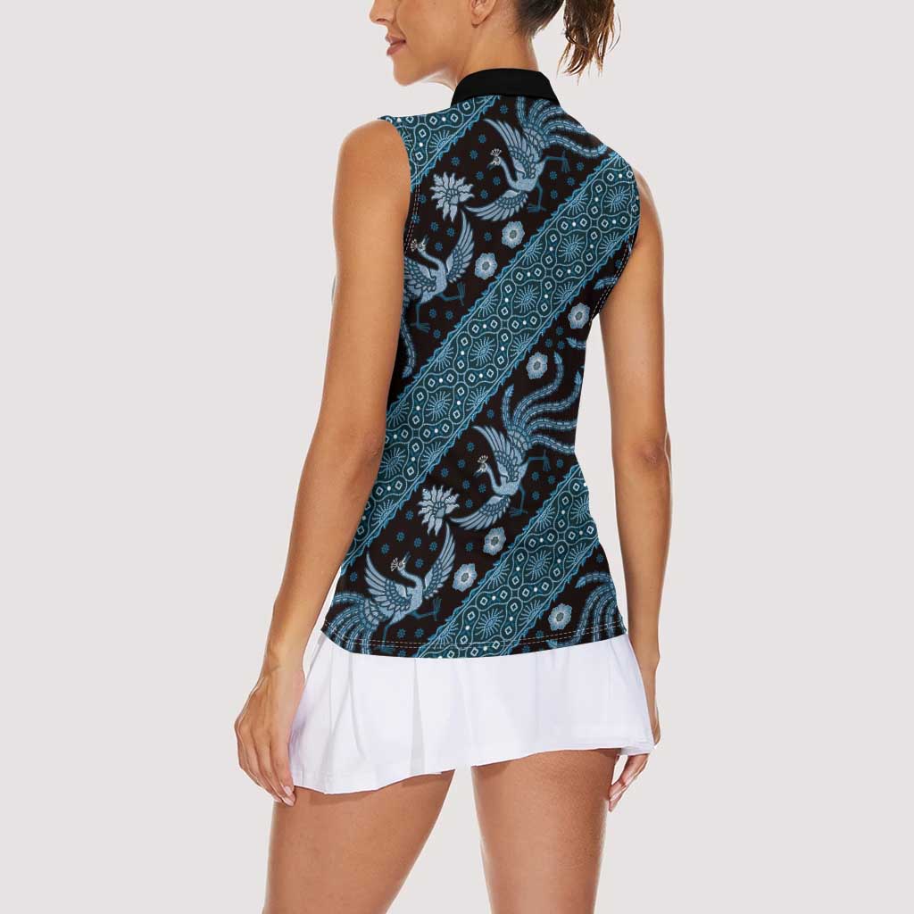Indonesia Batik Pattern Women Sleeveless Polo Shirt Blue Version