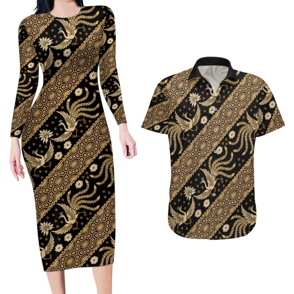 Indonesia Batik Pattern Couples Matching Long Sleeve Bodycon Dress and Hawaiian Shirt Gold Version