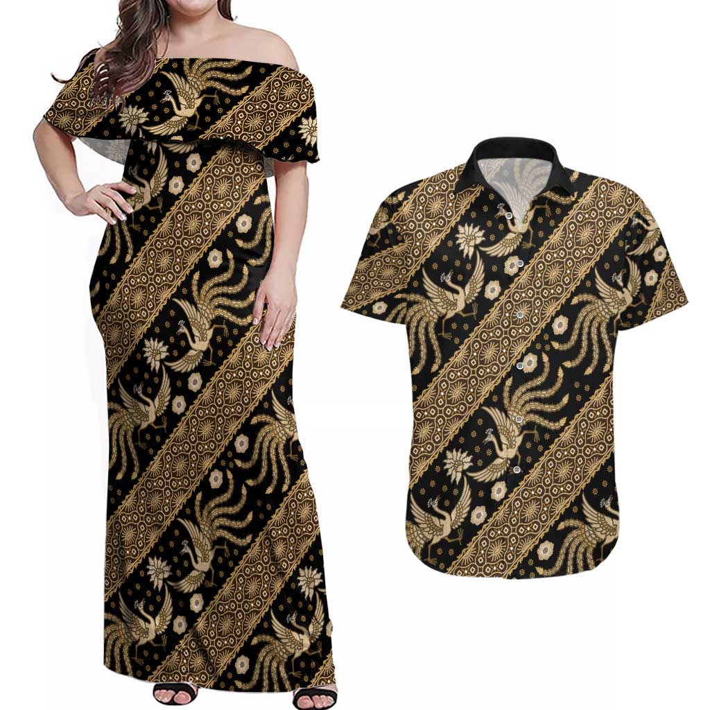 Indonesia Batik Pattern Couples Matching Off Shoulder Maxi Dress and Hawaiian Shirt Gold Version