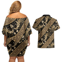 Indonesia Batik Pattern Couples Matching Off Shoulder Short Dress and Hawaiian Shirt Gold Version