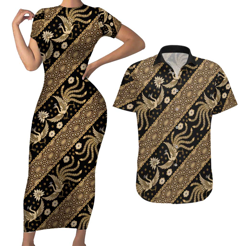 Indonesia Batik Pattern Couples Matching Short Sleeve Bodycon Dress and Hawaiian Shirt Gold Version