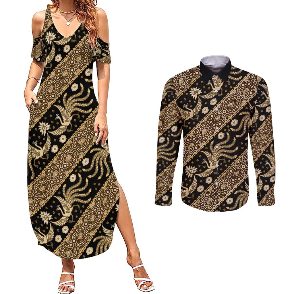 Indonesia Batik Pattern Couples Matching Summer Maxi Dress and Long Sleeve Button Shirt Gold Version