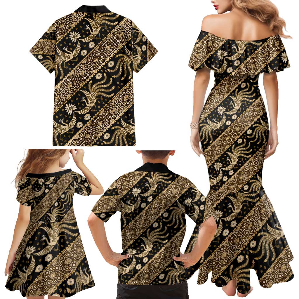 Indonesia Batik Pattern Family Matching Mermaid Dress and Hawaiian Shirt Gold Version