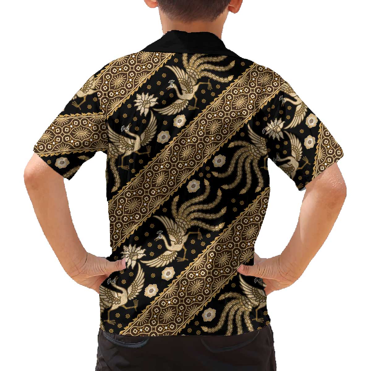 Indonesia Batik Pattern Family Matching Off The Shoulder Long Sleeve Dress and Hawaiian Shirt Gold Version LT01 - Polynesian Pride