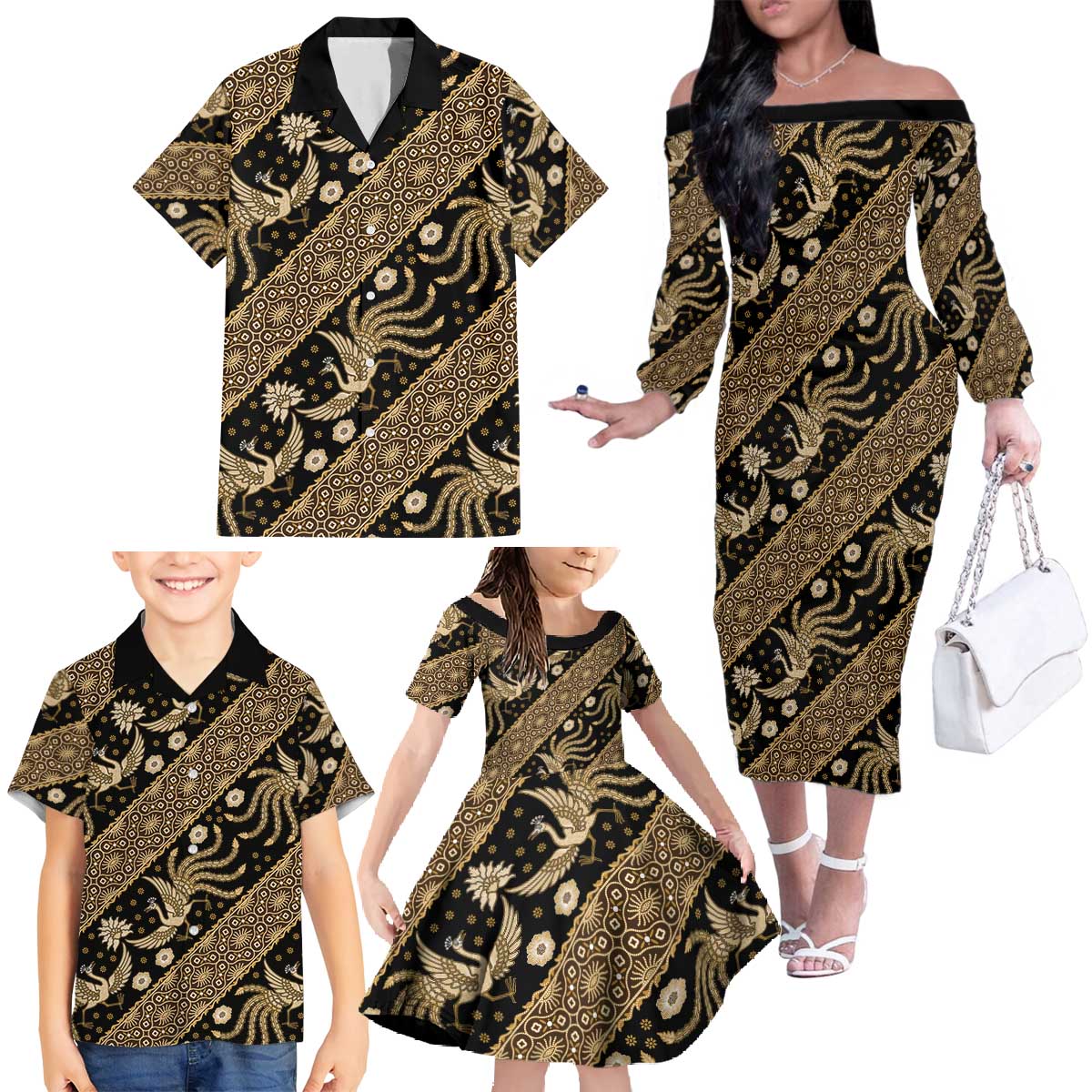 Indonesia Batik Pattern Family Matching Off The Shoulder Long Sleeve Dress and Hawaiian Shirt Gold Version