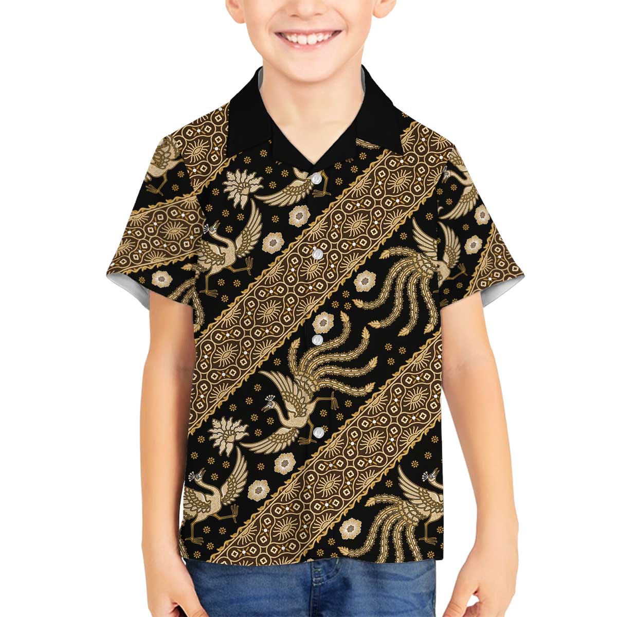 Indonesia Batik Pattern Family Matching Off The Shoulder Long Sleeve Dress and Hawaiian Shirt Gold Version LT01 Son's Shirt Gold - Polynesian Pride