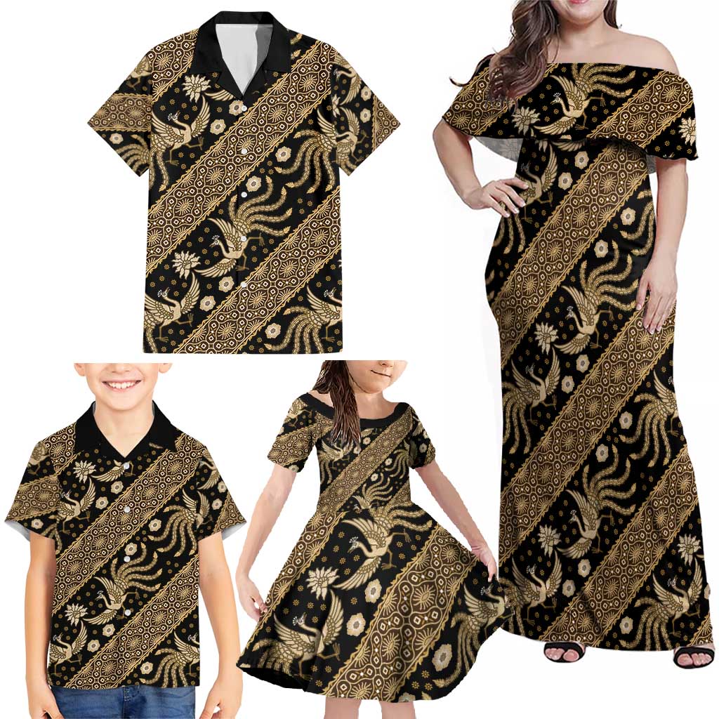 Indonesia Batik Pattern Family Matching Off Shoulder Maxi Dress and Hawaiian Shirt Gold Version