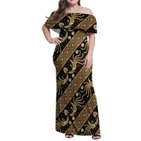 Indonesia Batik Pattern Family Matching Off Shoulder Maxi Dress and Hawaiian Shirt Gold Version