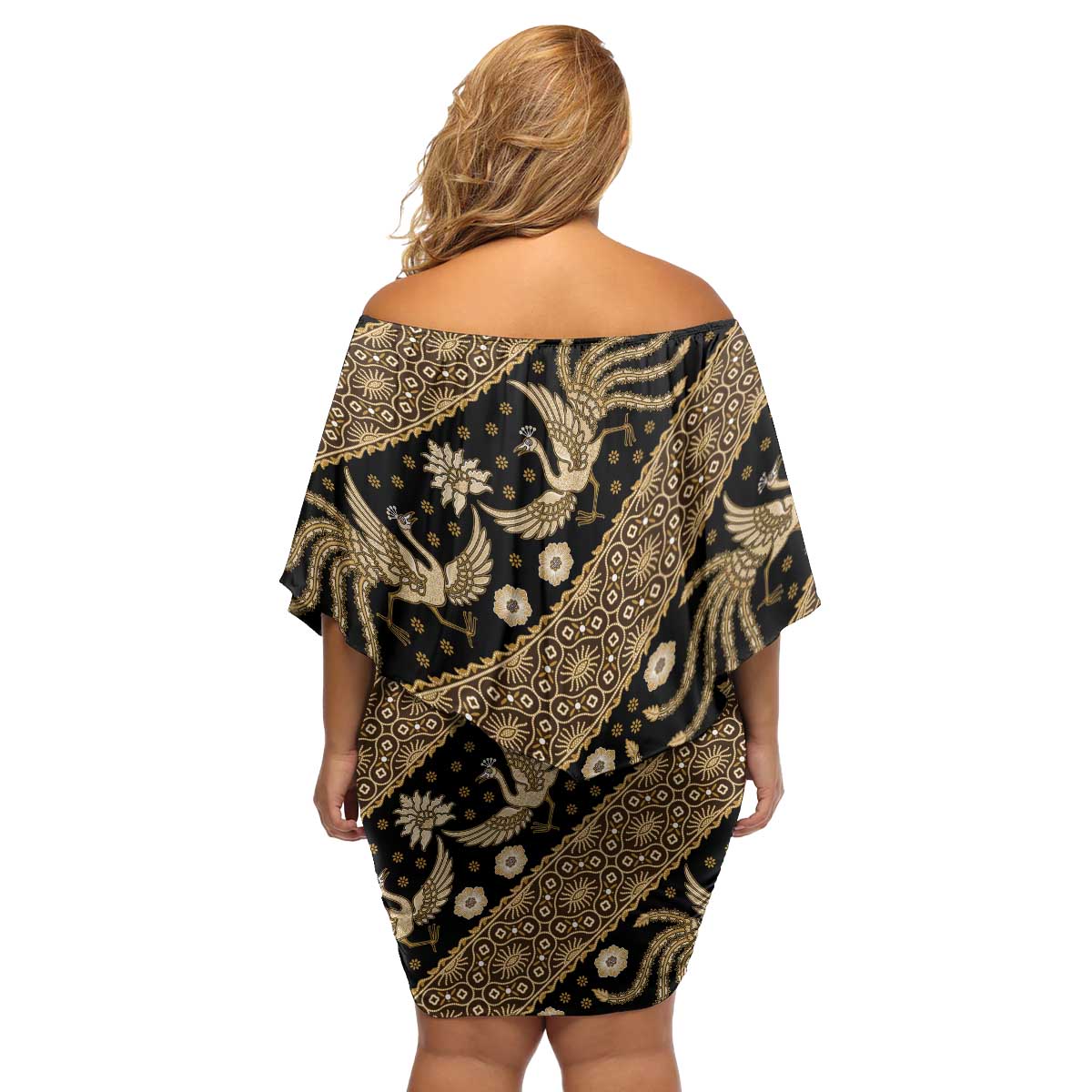 Indonesia Batik Pattern Family Matching Off Shoulder Short Dress and Hawaiian Shirt Gold Version