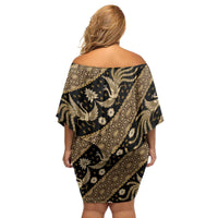 Indonesia Batik Pattern Family Matching Off Shoulder Short Dress and Hawaiian Shirt Gold Version