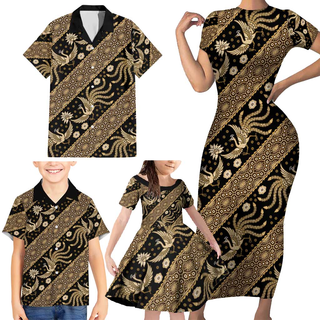 Indonesia Batik Pattern Family Matching Short Sleeve Bodycon Dress and Hawaiian Shirt Gold Version