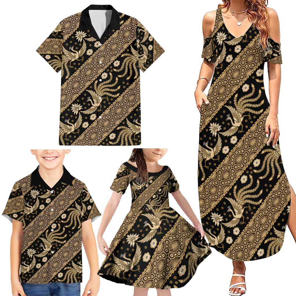 Indonesia Batik Pattern Family Matching Summer Maxi Dress and Hawaiian Shirt Gold Version