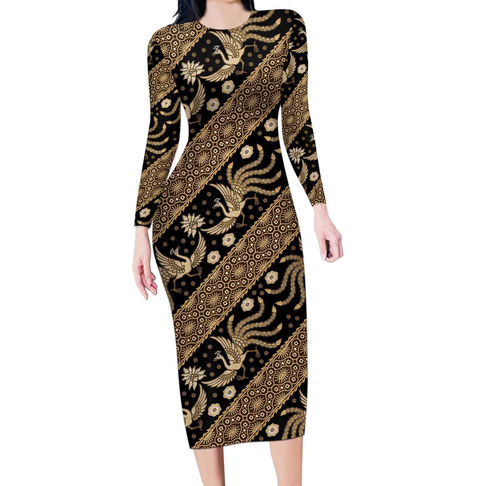 Indonesia Batik Pattern Long Sleeve Bodycon Dress Gold Version