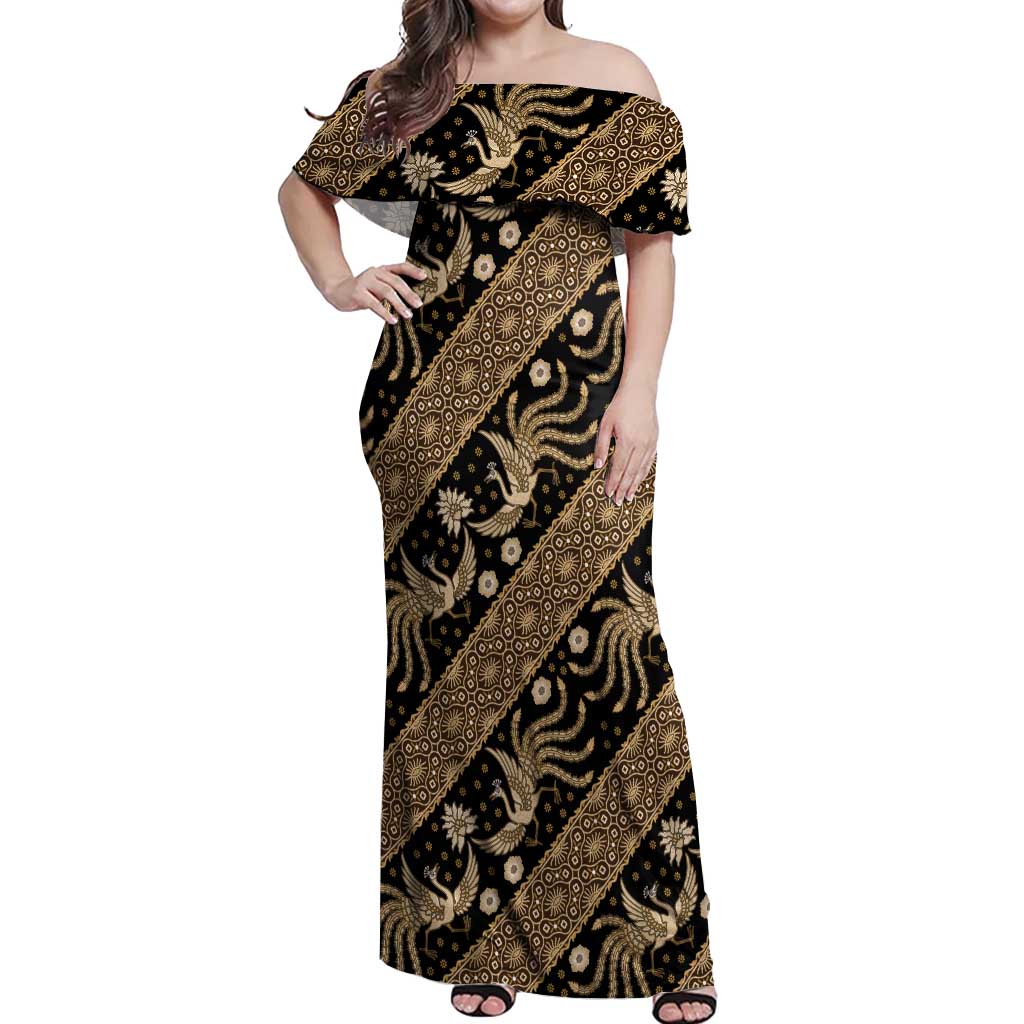 Indonesia Batik Pattern Off Shoulder Maxi Dress Gold Version