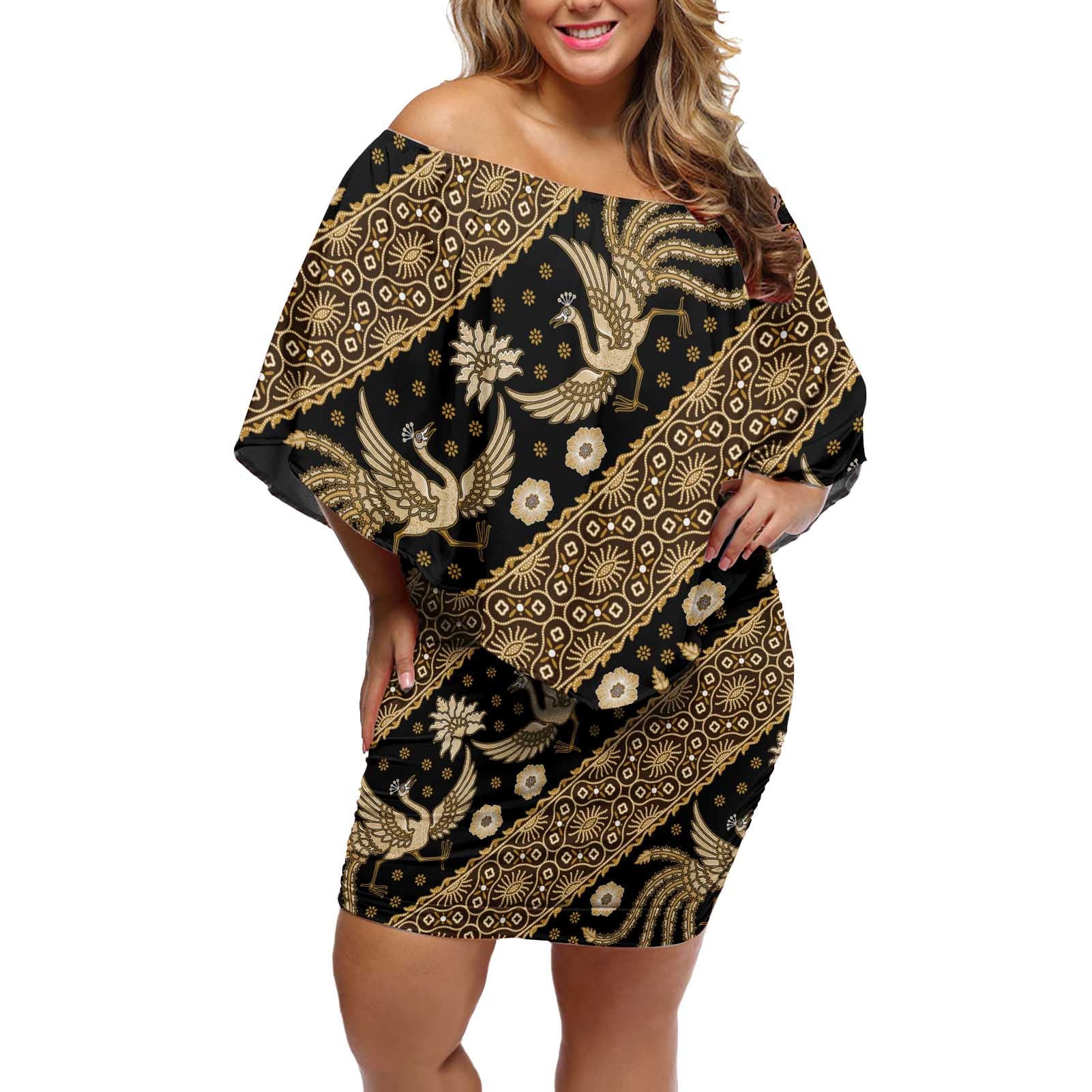 Indonesia Batik Pattern Off Shoulder Short Dress Gold Version