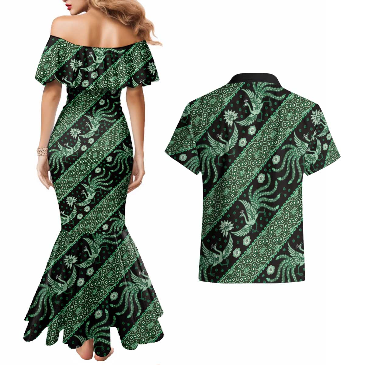 Indonesia Batik Pattern Couples Matching Mermaid Dress and Hawaiian Shirt Green Version