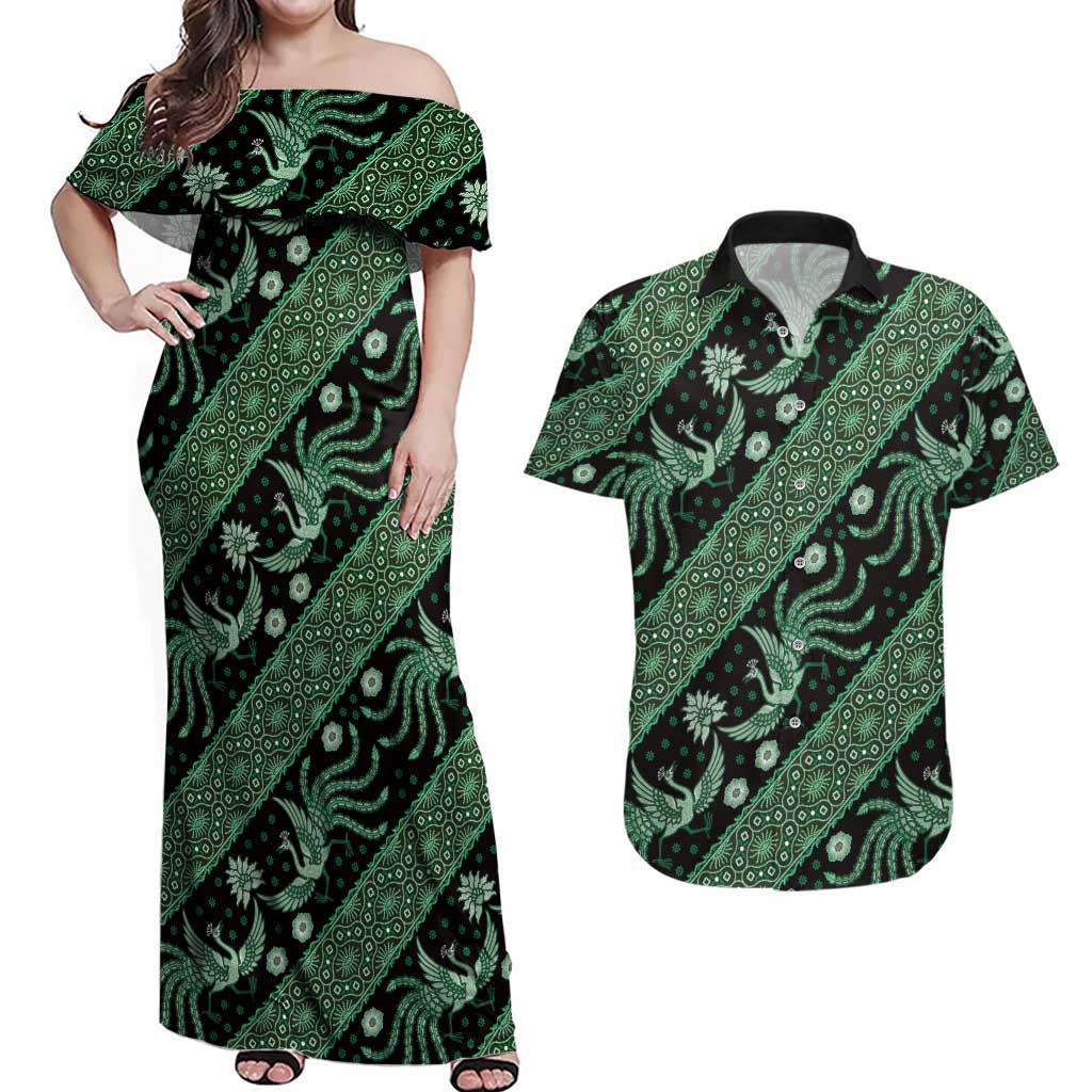 Indonesia Batik Pattern Couples Matching Off Shoulder Maxi Dress and Hawaiian Shirt Green Version