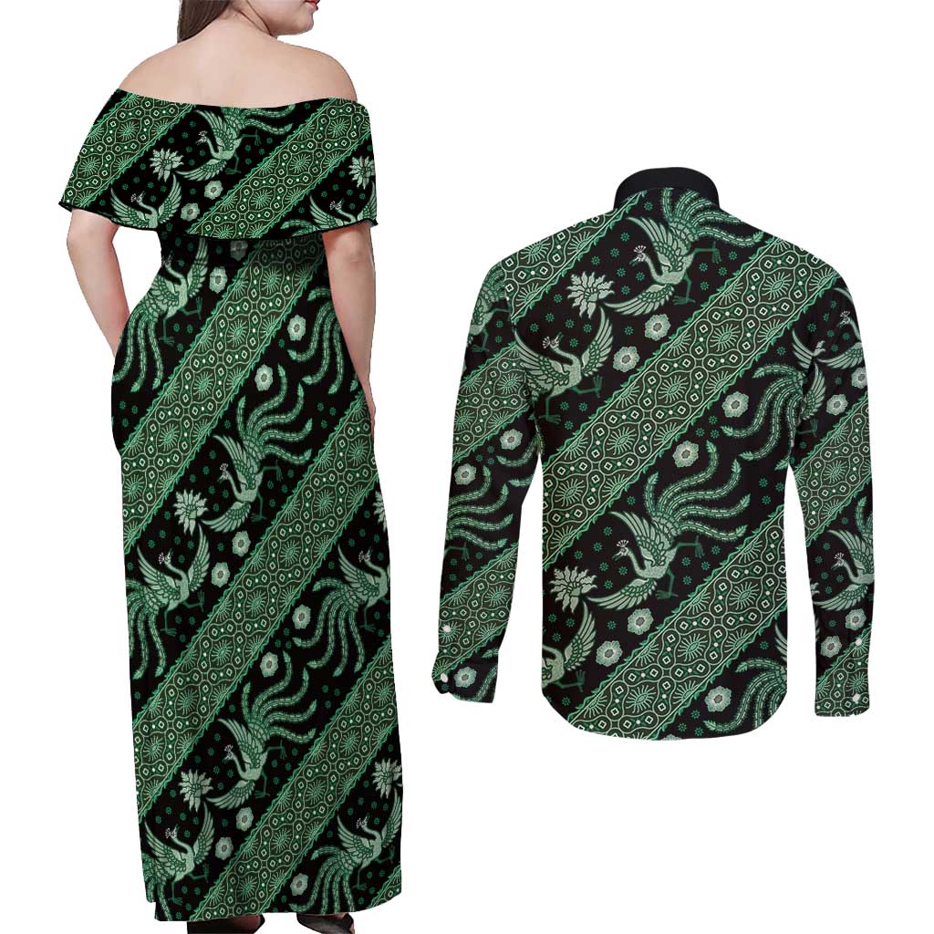 Indonesia Batik Pattern Couples Matching Off Shoulder Maxi Dress and Long Sleeve Button Shirt Green Version