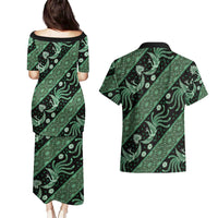 Indonesia Batik Pattern Couples Matching Puletasi and Hawaiian Shirt Green Version