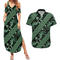 Indonesia Batik Pattern Couples Matching Summer Maxi Dress and Hawaiian Shirt Green Version