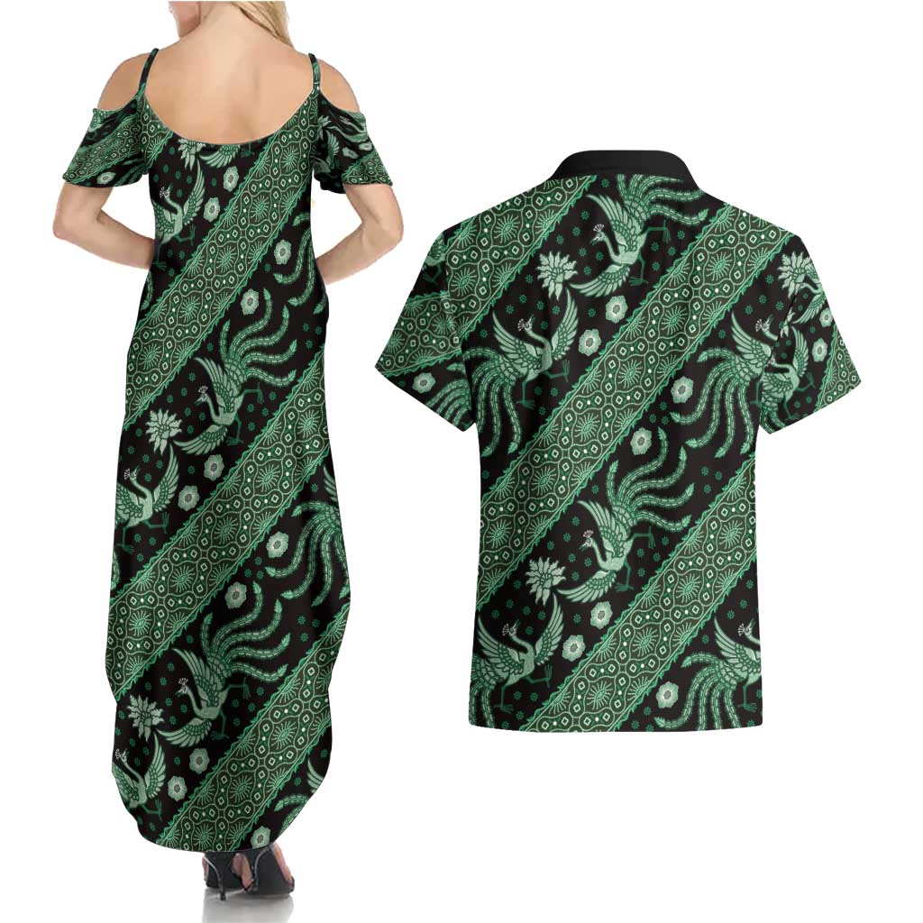 Indonesia Batik Pattern Couples Matching Summer Maxi Dress and Hawaiian Shirt Green Version