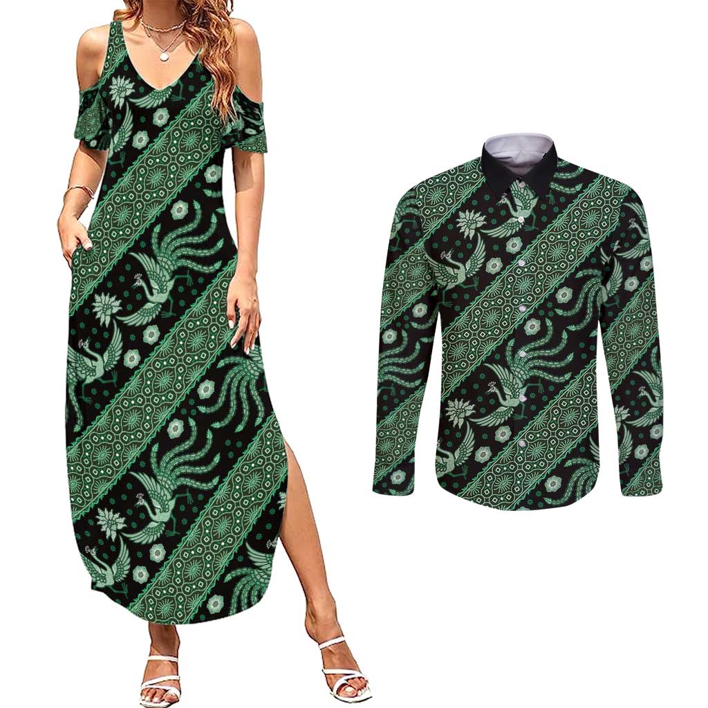 Indonesia Batik Pattern Couples Matching Summer Maxi Dress and Long Sleeve Button Shirt Green Version