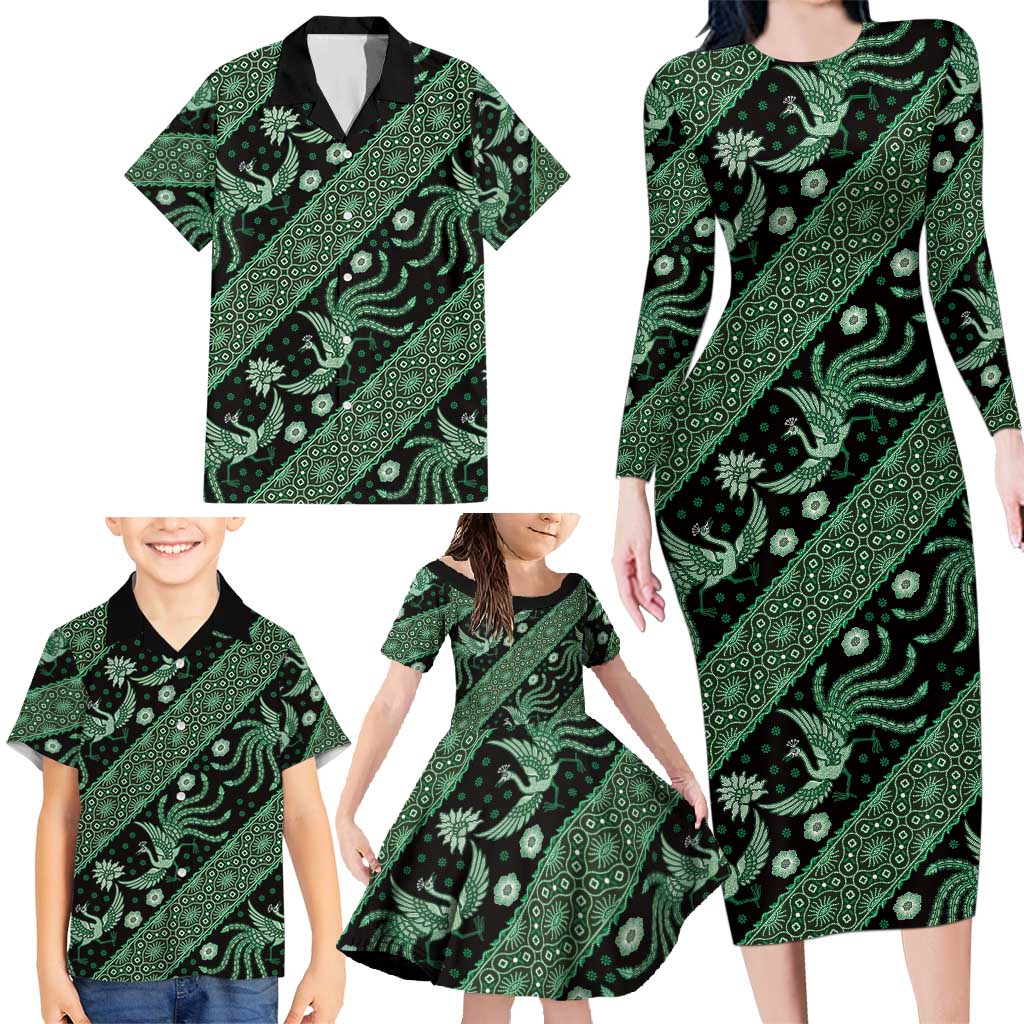 Indonesia Batik Pattern Family Matching Long Sleeve Bodycon Dress and Hawaiian Shirt Green Version