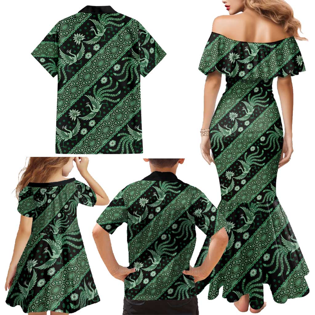 Indonesia Batik Pattern Family Matching Mermaid Dress and Hawaiian Shirt Green Version